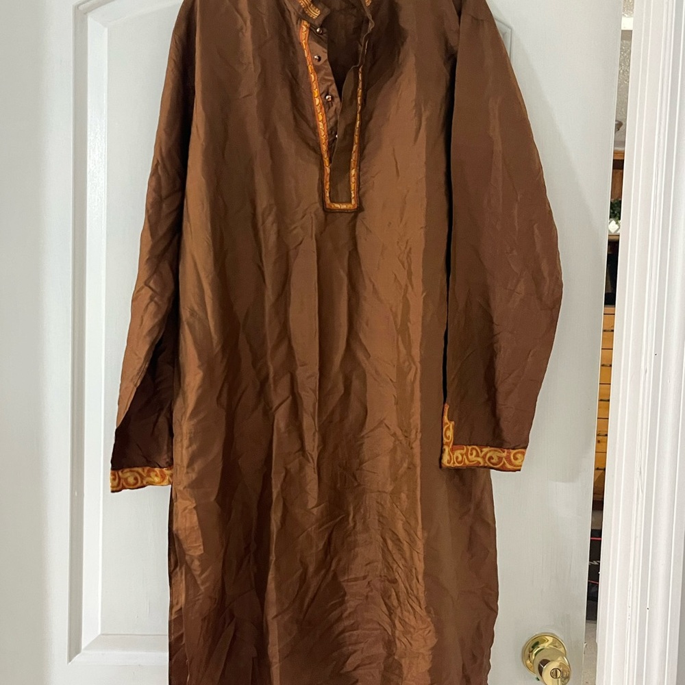 Man’s panjabi Brown Tunic with Gold Accents